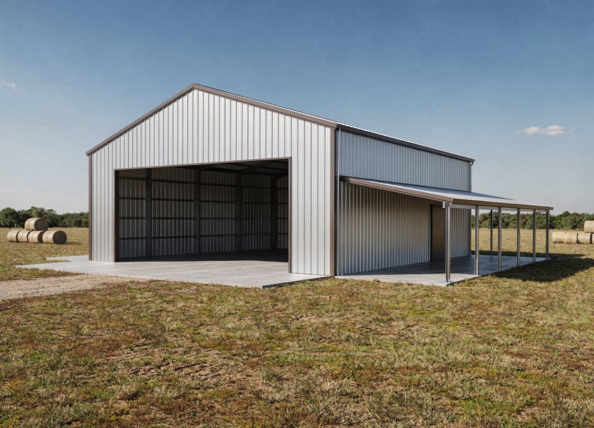 Metal barn and agricultural building on a ranch in the Texas Hill Country